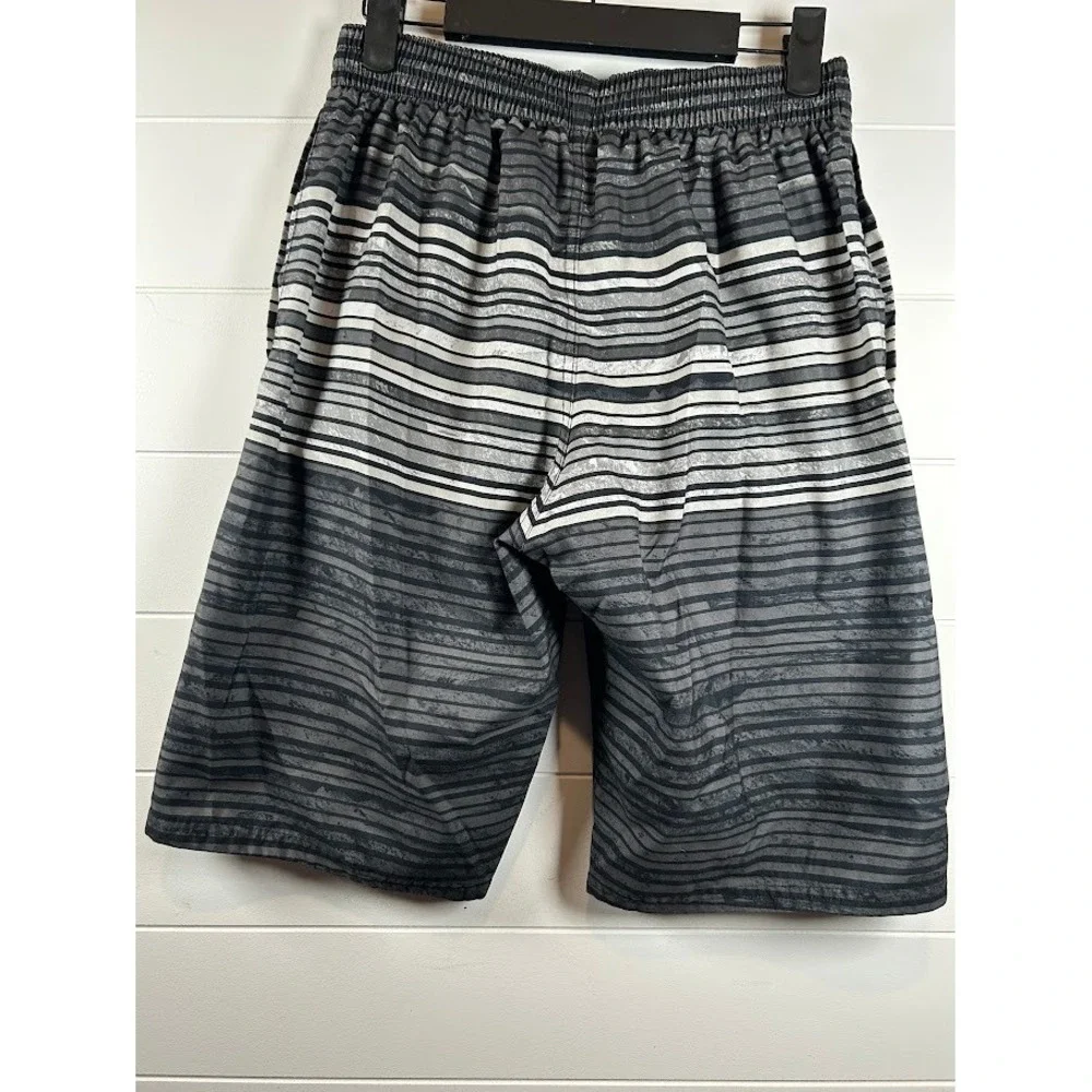 Nike Mens Swim Trunks Small Grey Black Striped Mesh Liner Board Shorts Beachwear